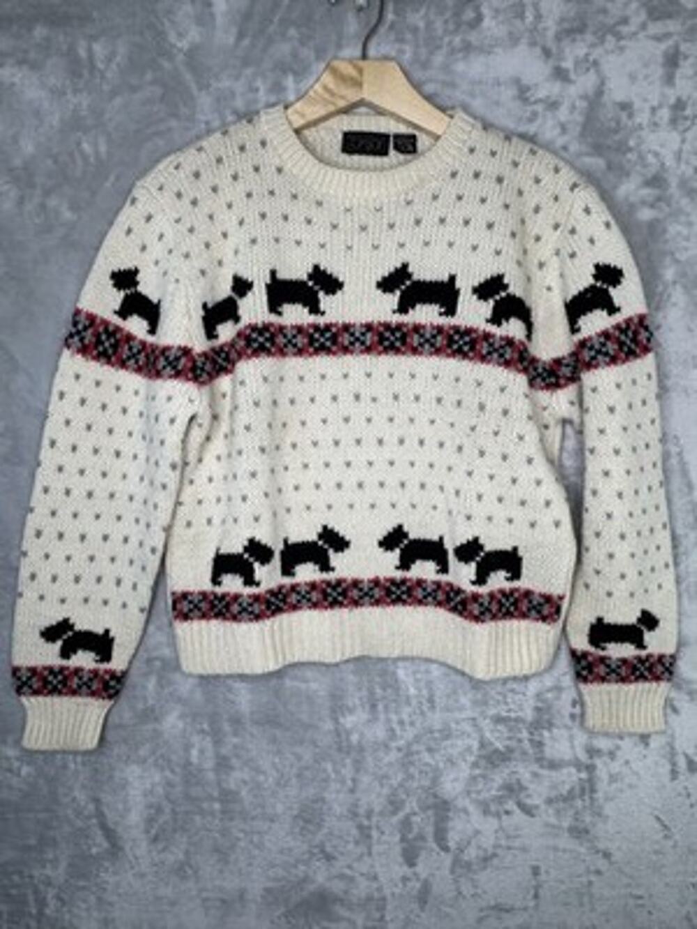 Vintage TOM BOY Sweater Womens Medium White Dog Fair Isle Graphic Pullover 80s